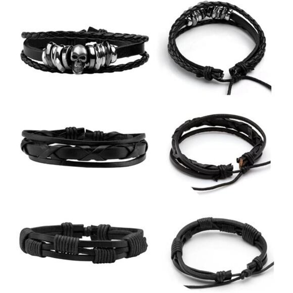 Punk Leather Bracelet Set Mens Womens Skull Braided Cuff Wristbands 6 Pack - Picture 2 of 7